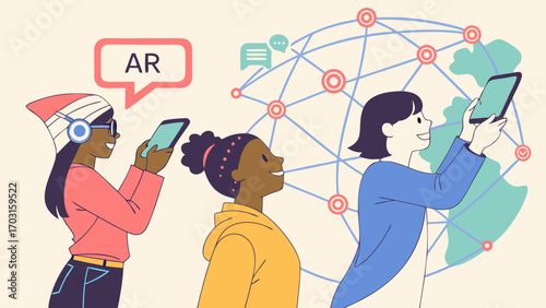Diverse Women Engaging with Augmented Reality on Smartphones and Global Network