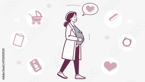 Expectant Mother Walking with Love and Anticipation Surrounded by BabyRelated Icons