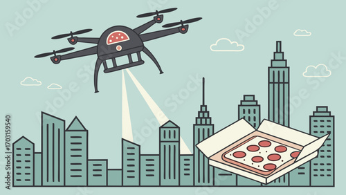 Drone Delivering Pizza to City Buildings with Modern Technology Concept