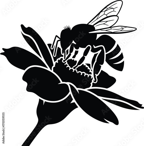 Silhouette of a bee gathering pollen from a blooming flower natural organic insect garden wildlife nature detailed vector art vector