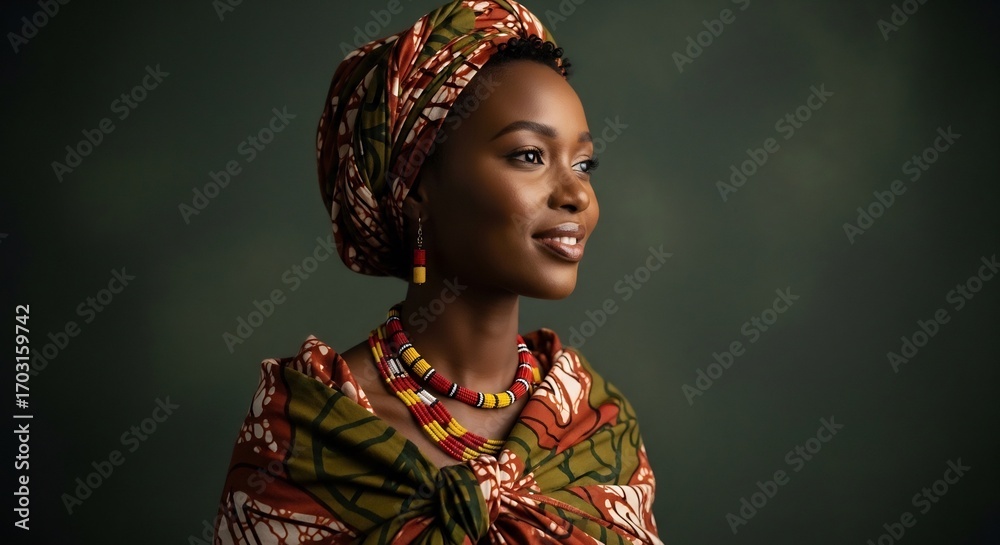 Fototapeta premium Elegant African woman portrait. Traditional attire for cultural events, beauty campaigns, Black History Month. Celebrating heritage, diversity. Perfect for editorial use.