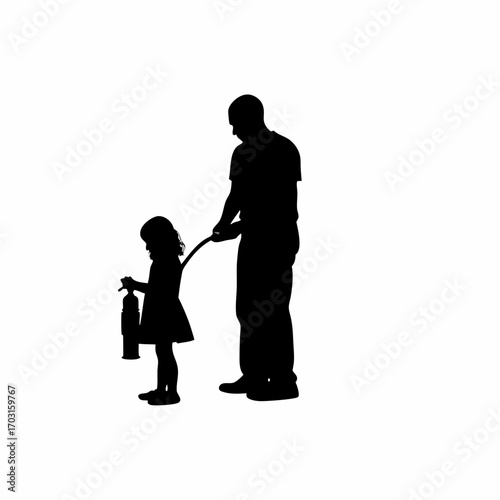 Father teaching daughter about fire safety silhouette on white background