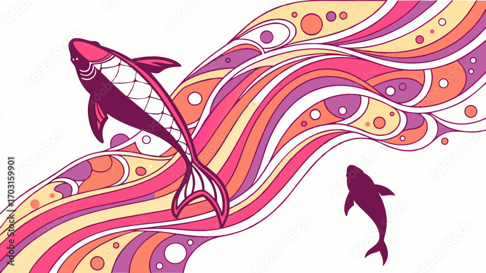 Fototapeta premium Stylized Fish Duo Swimming Through Abstract Colorful Waves Illustration