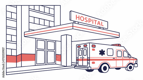 Stylized Hospital Entrance with Ambulance Ready for Emergency Response