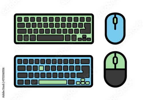 Two keyboards and two computer mice with distinct colors. Great for showcasing office technology, computer accessories, and workplace essentials.