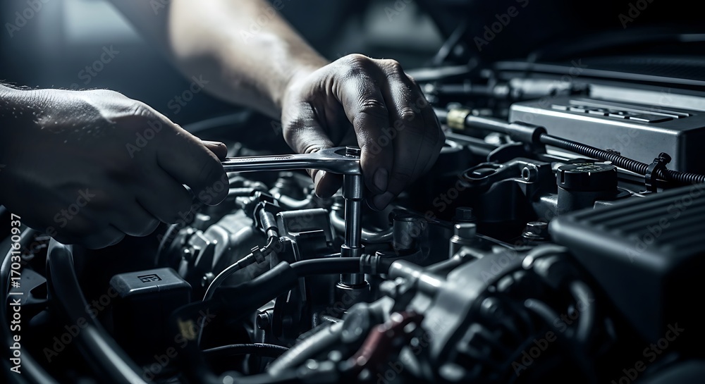 Fototapeta premium Mechanic finely tuning a car engine component with focused precision