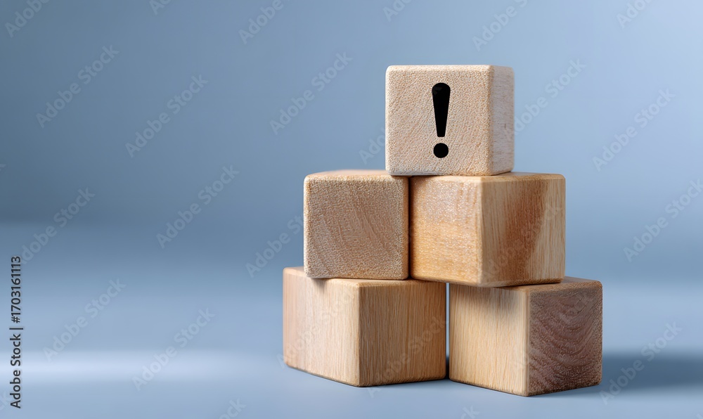 Obraz premium a wooden cubes with Exclamation Mark icon, and warning icon on a blue background,