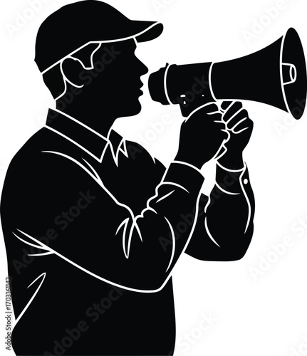 Man silhouette announcing loudly with megaphone communication and public speaking concept vector