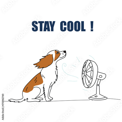 Funny vector illustration of a dog sitting in front of a fan with the caption 'Stay cool'. Perfect for summer designs, social media graphics, stickers, greeting cards, and pet-themed projects.