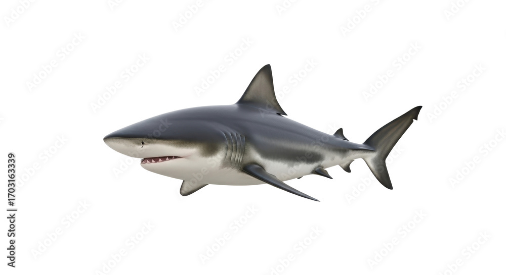 Fototapeta premium Detailed Great White Shark 3D Render Swimming Isolated on Clean White Background