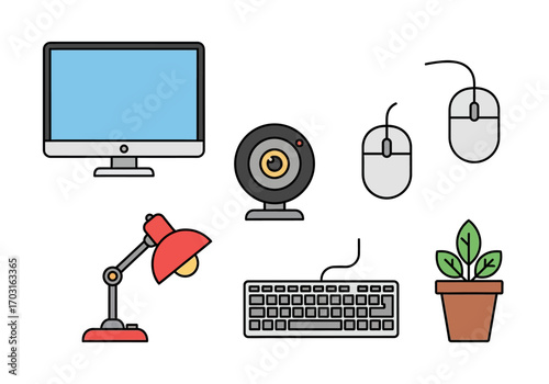 Computer peripherals, lamp, plant in one image. Suitable for tech blogs, office decor websites, tech enthusiasts social media posts.