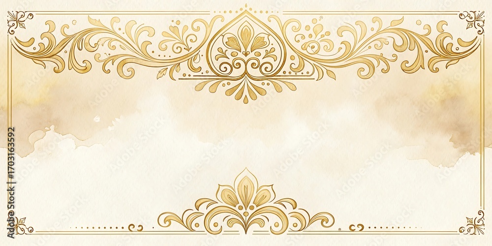 Fototapeta premium Elegant golden ornate frame with watercolor texture background for wedding invitation or greeting card design.