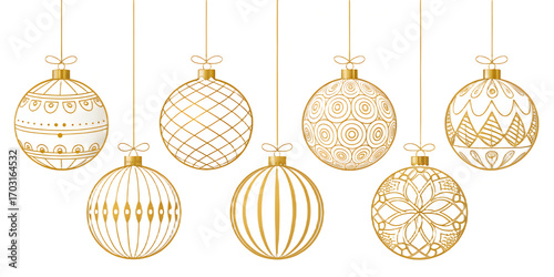 Set of simple golden Christmas ball line icons isolated on transparent background