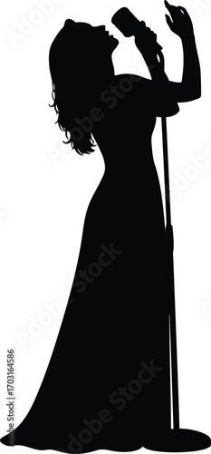 Elegant woman silhouette singing live performance elegant evening gown microphone stage spotlight art vector