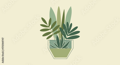 Elegant retro houseplant arrangement in a geometric pot, a vintage botanical illustration with a minimalist flat design aesthetic