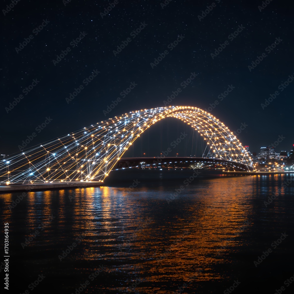 Obraz premium Nighttime illuminated bridge arch over water under starry sky, city lights in background