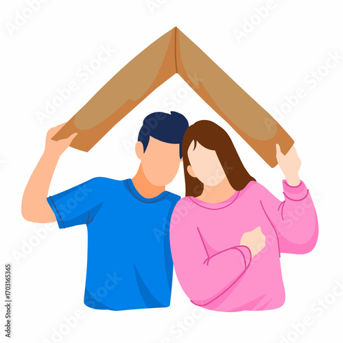 An illustration of a husband and wife creating a roof shape with their hands. This image represents the concept of a dream home, home ownership, family, and security