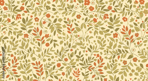 Elegant seamless floral background with a vintage and retro pattern of delicate autumn leaves and blossoms for decorative design
