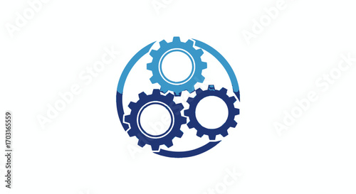 A graphic icon of three interlocking blue gears symbolizing teamwork, process, and mechanics within a circle.