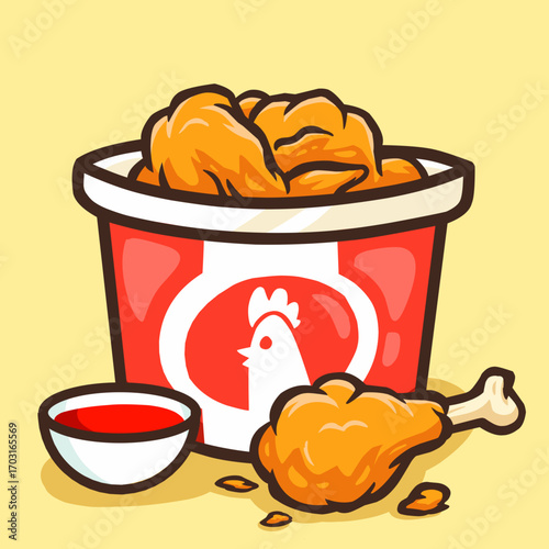 A delightful vector illustration of a fast-food chicken bucket filled with golden fried chicken, with a single drumstick and a bowl of red sauce on the side