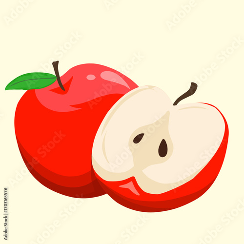 A fresh and vibrant vector illustration of a red apple, shown both whole and sliced in half to reveal its core and seeds. This clean, modern image is perfect for a variety of health, food, and educati