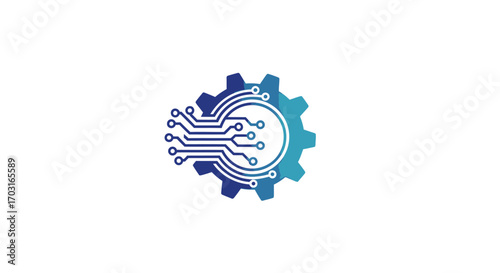 Stylized graphic combining a gradient blue mechanical gear with a white electronic circuit board design.