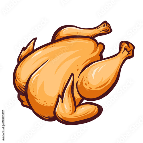 A simple and appetizing vector illustration of a perfectly roasted whole chicken, with a crispy, golden-brown skin. This clean and classic image is versatile and ideal for food menus, cooking blogs