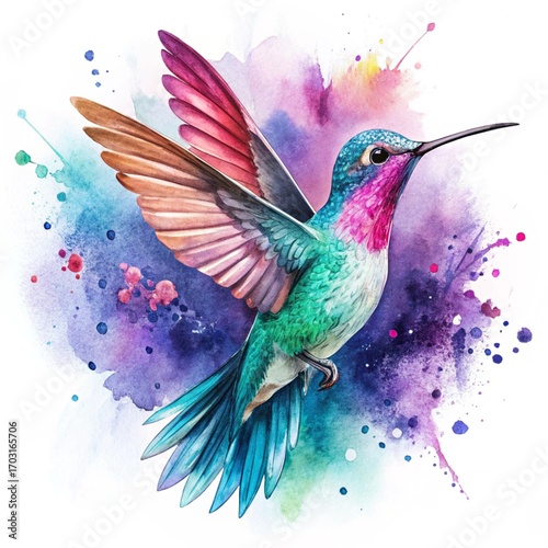 Watercolor hummingbird with vibrant plumage and dynamic wings, isolated on white background