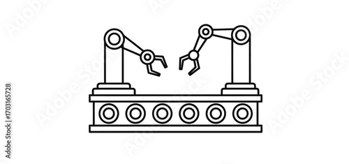 Two robotic arms on a production line, poised for automated tasks.