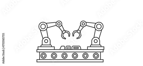 A line art icon of two industrial robotic arms working over a factory conveyor belt.