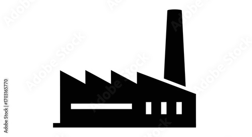 A stark black silhouette of an industrial factory building with a tall smokestack against a clean white background, representing manufacturing and production.