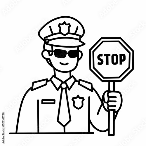 A black and white line art illustration of a traffic police officer holding a stop sign. This simple yet effective image is perfect for themes of traffic control, law enforcement, and rules