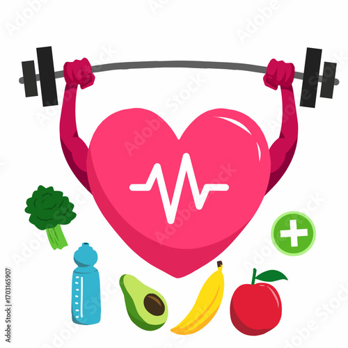 A creative illustration showing a strong heart lifting a barbell, surrounded by healthy foods and a water bottle. This image represents health, fitness, cardiology, and a healthy lifestyle