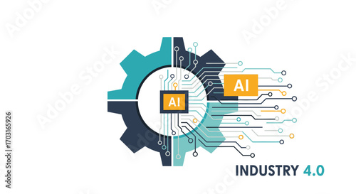 Illustration of a gear with an AI chip, representing Industry 4.0 and technological advancement.