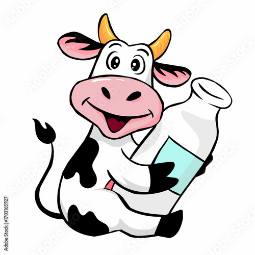 A delightful and friendly vector illustration of a cartoon cow happily holding a classic glass milk bottle. This charming character is perfect for dairy brand logos, children's products