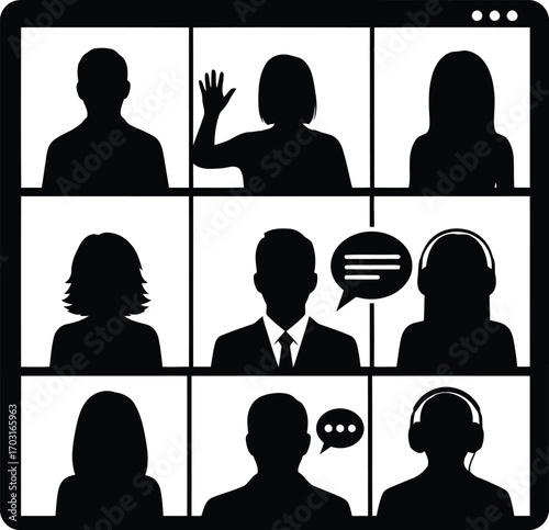 Virtual meeting video conference business people silhouettes remote work communication concept vector