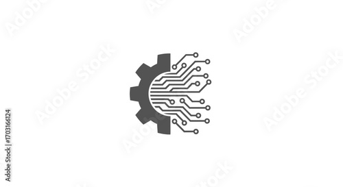 A gray gear icon is combined with a circuit board design, symbolizing technology and engineering on a white background.