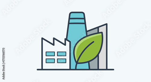 Simple illustration of sustainable industrial buildings with a green leaf, suggesting eco-friendly urban development.