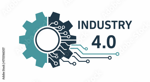 Graphic illustration depicting Industry 4.0 with a gear, circuit board elements, and text, symbolizing technological advancement and automation.