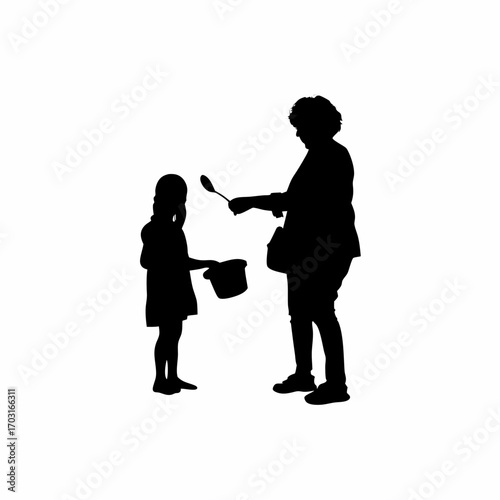 Silhouette of grandmother teaching granddaughter cooking lesson on white background