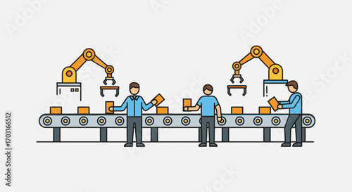 Human workers and industrial robots collaborate on an automated factory production conveyor belt, handling packages.