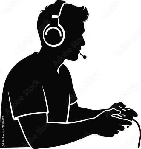 Silhouette of a gamer playing video games with headset and controller vector