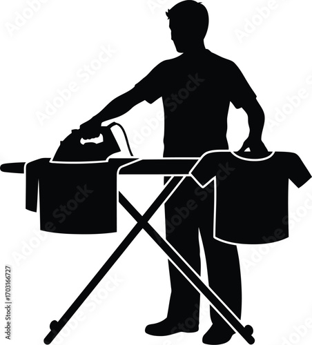 Silhouette of man ironing clothes on board home laundry chores domestic work vector