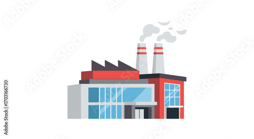 Cartoon illustration of a modern factory building with smokestacks.