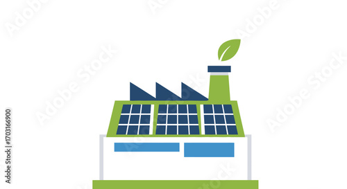 An illustration of a modern green factory building with solar panels on its roof and a leaf emerging from the chimney, symbolizing sustainable energy production.