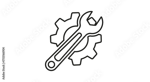 Simple black and white illustration of a wrench resting on a gear, representing mechanics.