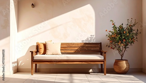 Wooden Bench with Cushions and Potted Plant in Sunlit Room