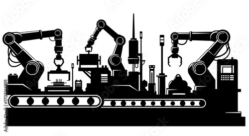 Industrial robotic arms in a factory automation line, performing various tasks.