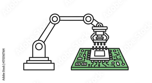 Robotic arm precisely places a microchip onto a green circuit board, illustrating automated electronic assembly.