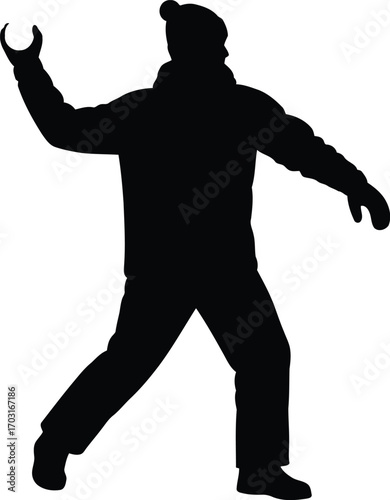 Silhouette of a person throwing a snowball in winter clothing action shot vector